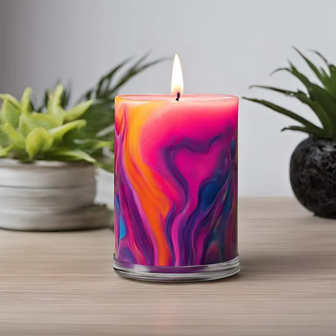 Colorful pink, purple, orange, and blue candle burning in a glass container
