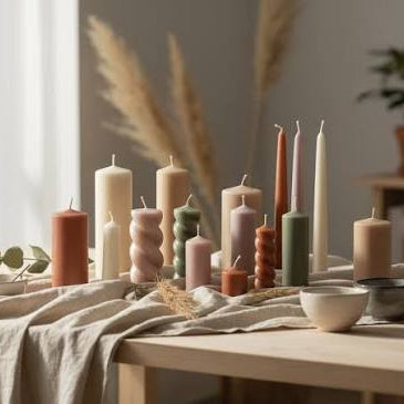 Assorted soy wax candles in neutral colors and different shapes displayed on a table with natural decor.