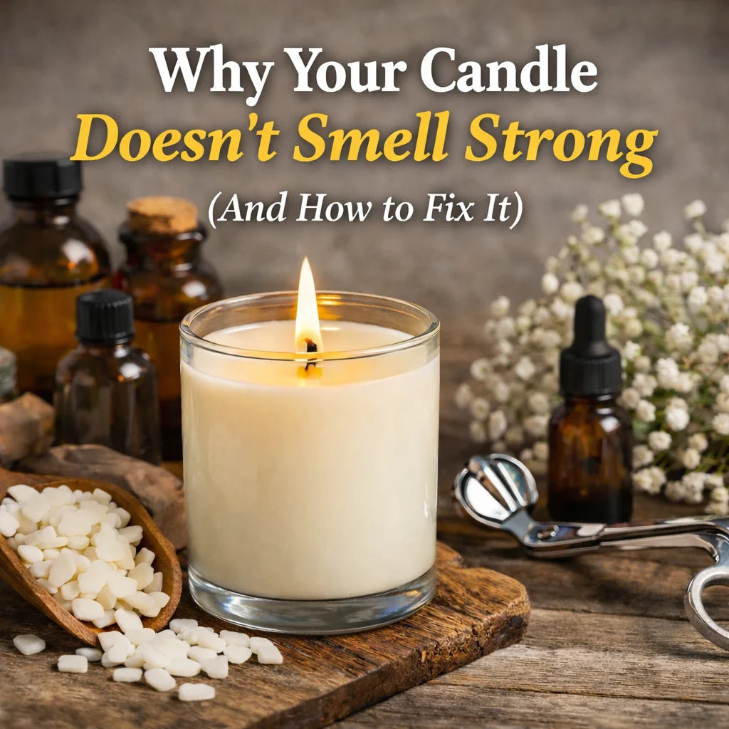 Scented candle surrounded by fragrance oils and candle-making supplies, highlighting common causes of weak candle scents and how to fix them.