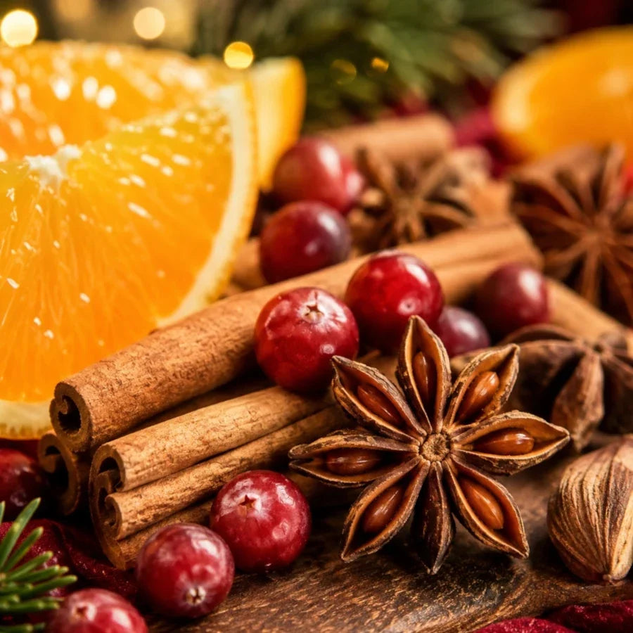 Fall fragrance ingredients featuring orange slices, cranberries, cinnamon sticks, star anise, and warm seasonal spices.