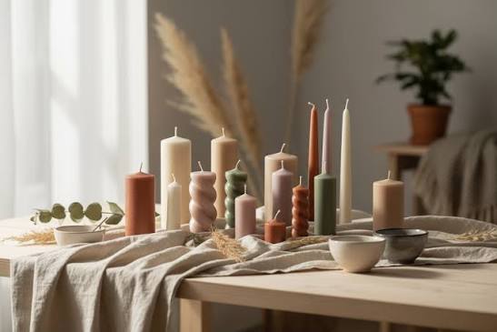 Assorted soy wax candles in neutral colors and different shapes displayed on a table with natural decor.